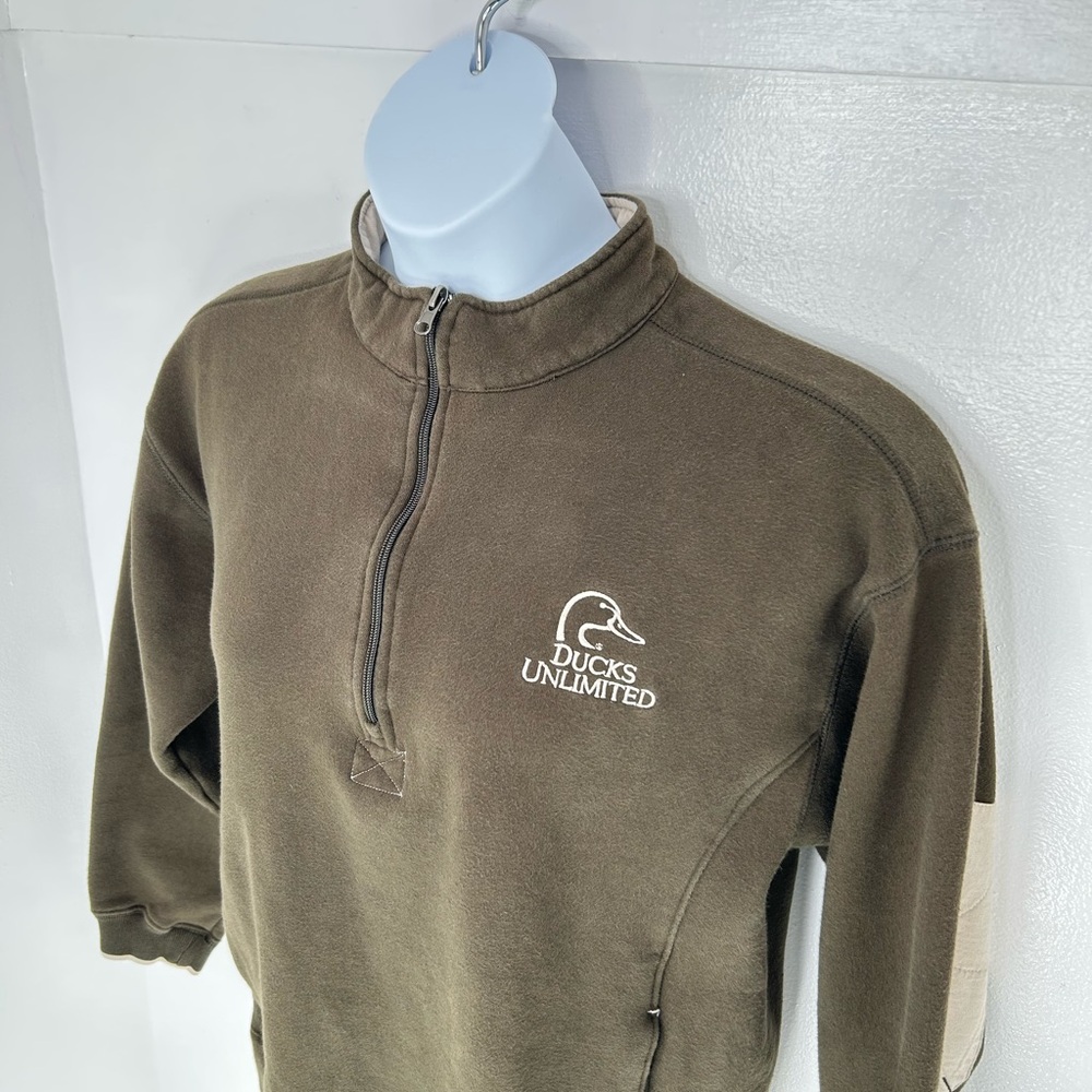 Ducks Unlimited 1/4 Zip Sweatshirt Womens Medium Elbow Patches Brown Pockets - Picture 4 of 9